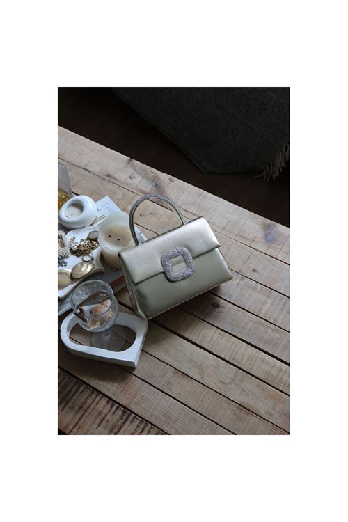 Gold Parlak Kare Taş Toka Aksesuarlı Taşlı Tutma Kulplu Abiye El Çantası Omuz Çantası