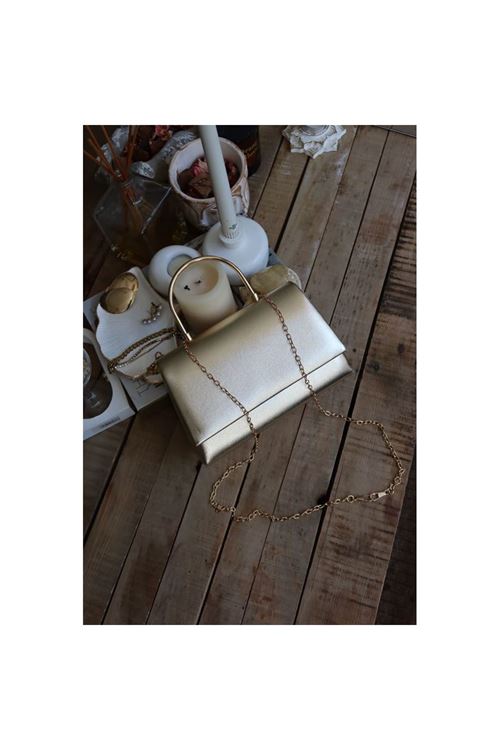 Gold Rugan Metal Tutma Saplı Kapaklı Abiye Çantası