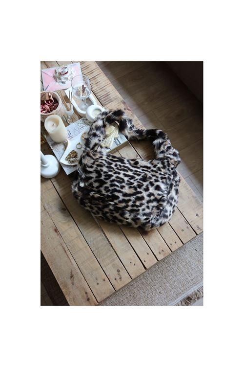 leopar  tek kulplu peluş omuz çantası