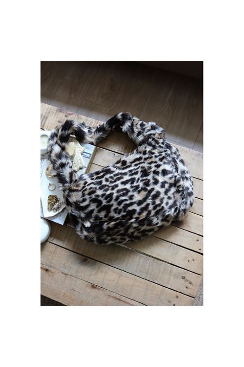 leopar  tek kulplu peluş omuz çantası