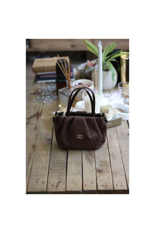 acı kahve süet büzgü doku çift kulplu el omuz çantası