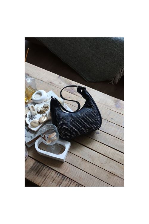siyah taş işleme askılı omuz çantası