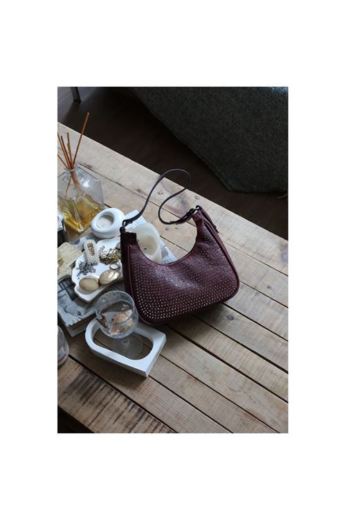 Bordo taş işleme askılı omuz çantası