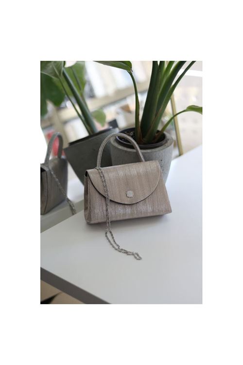 Gold kristal toka detaylı çizgi doku abiye çanta