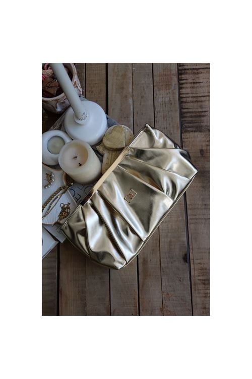 gold  metal aksesuarlı büzgülü el çantası