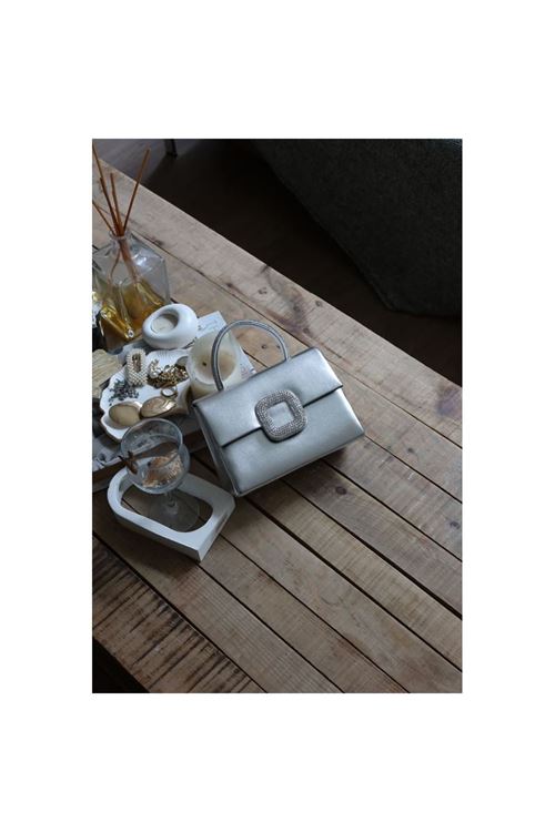 Silver Parlak Kare Taş Toka Aksesuarlı Taşlı Tutma Kulplu Abiye El Çantası Omuz Çantası