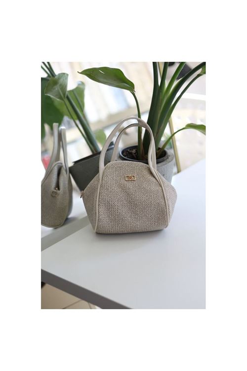 Krem Hasır Doku Çift Saplı Askılı Omuz Çantası