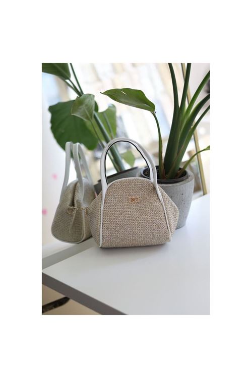 Beyaz Hasır Doku Çift Saplı Askılı Omuz Çantası