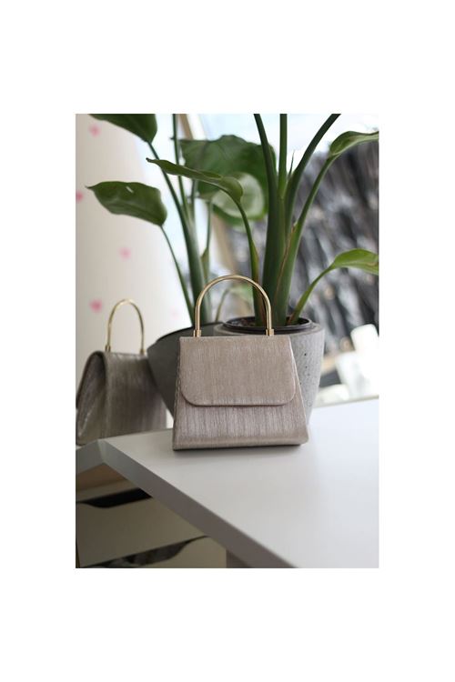 Kadın Gold Çizgi Dokulu Metal Saplı Abiye El Omuz Çantası