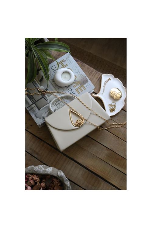 Krem Taş Tutma Saplı Damla Tokalı Abiye El Çantası