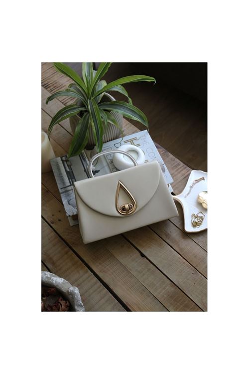 Krem Taş Tutma Saplı Damla Tokalı Abiye El Çantası