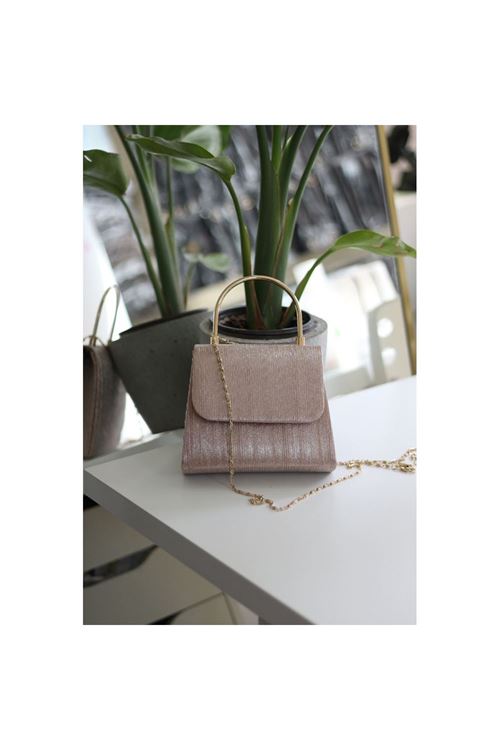 Kadın Rose Gold Çizgi Dokulu Metal Saplı Abiye El Omuz Çantası