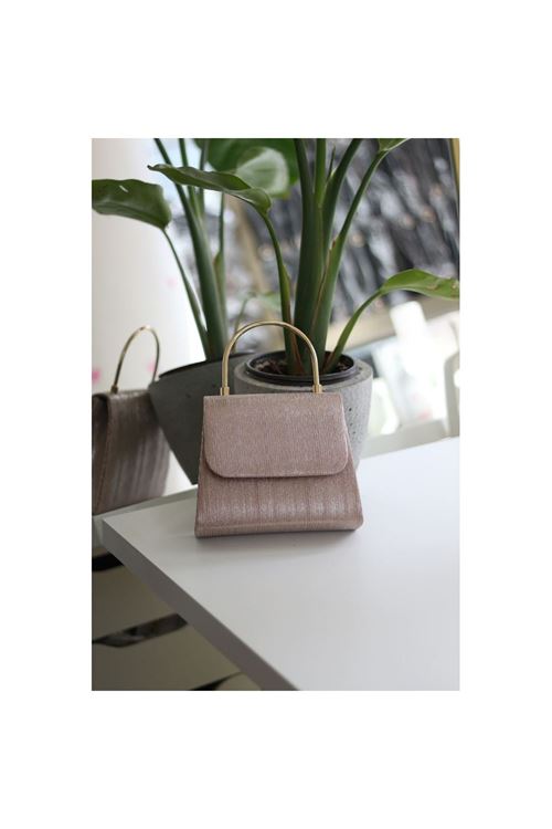 Kadın Rose Gold Çizgi Dokulu Metal Saplı Abiye El Omuz Çantası