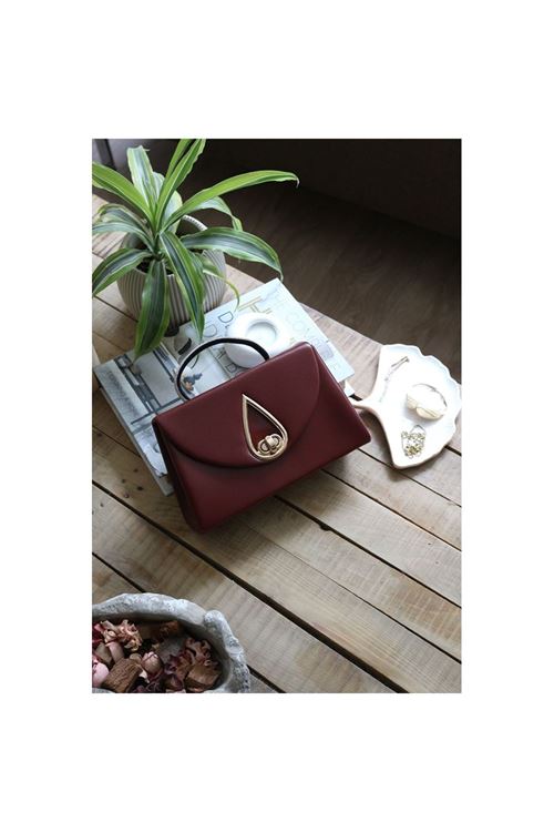 Bordo Taş Tutma Saplı Damla Tokalı Abiye El Çantası