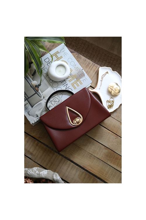 Bordo Taş Tutma Saplı Damla Tokalı Abiye El Çantası