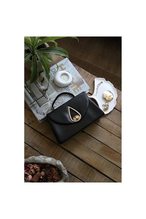 Siyah Taş Tutma Saplı Damla Tokalı Abiye El Çantası