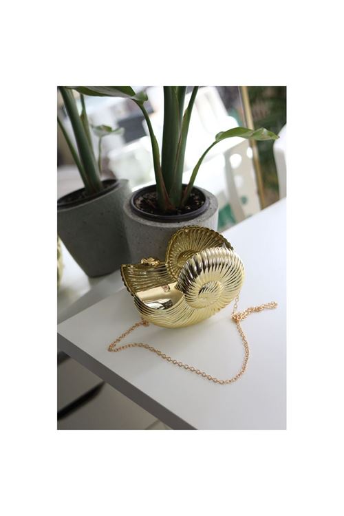 Kadın Gold Mika Deniz Kabuğu Desenli Abiye Çanta