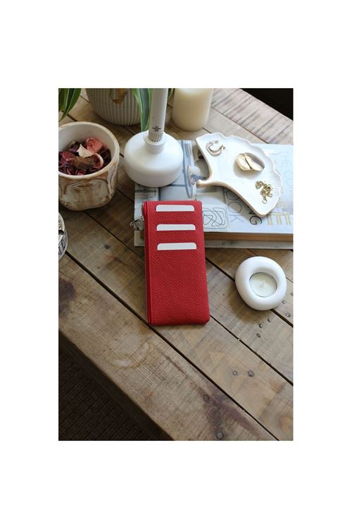 Kadın Kırmızı Gerçek Deri Fermuar Detaylı Kartlık