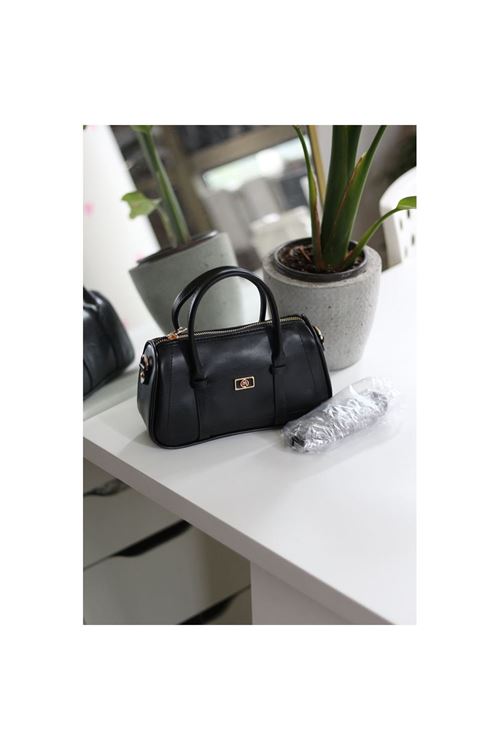 Siyah Çift Şeritli Minimal Günlük El &amp;amp; Omuz Çantası