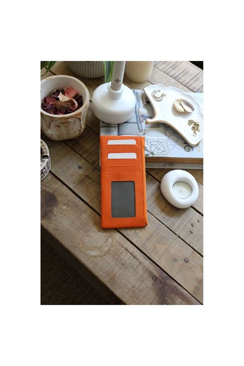 Kadın Turuncu Gerçek Deri Fermuar Detaylı Kartlık