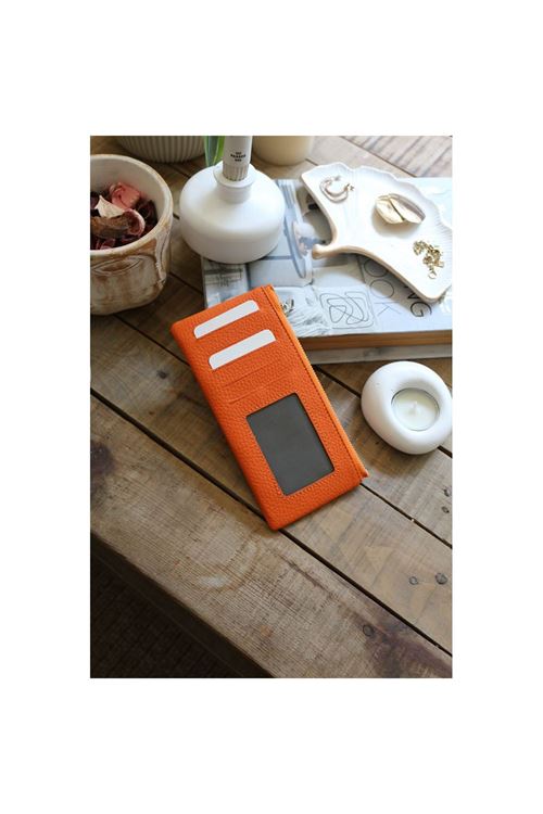 Kadın Turuncu Gerçek Deri Fermuar Detaylı Kartlık