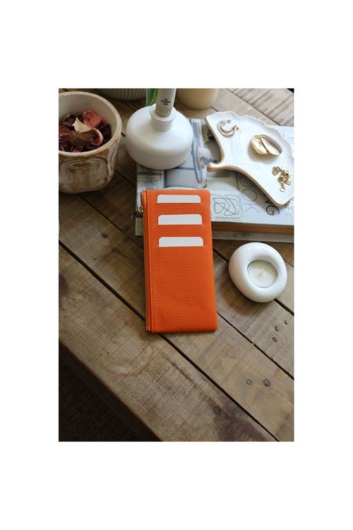 Kadın Turuncu Gerçek Deri Fermuar Detaylı Kartlık