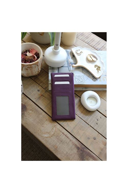 Kadın Mor Gerçek Deri Fermuar Detaylı Kartlık