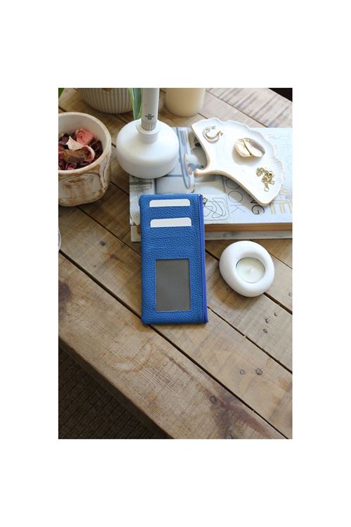 Kadın Mavi Yeşili Gerçek Deri Fermuar Detaylı Kartlık