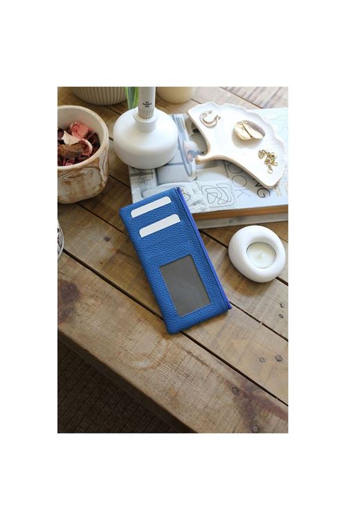 Kadın Mavi Yeşili Gerçek Deri Fermuar Detaylı Kartlık