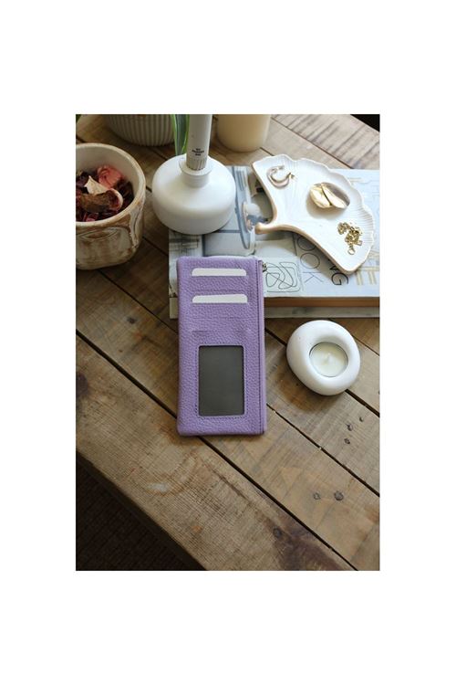 Kadın Lila Gerçek Deri Fermuar Detaylı Kartlık