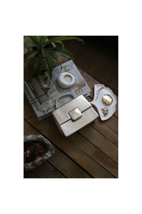 Silver Parlak Kare Tokalı Taş Tutma Saplı El Çantası