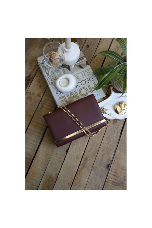 Kadın Bordo Şerit Detaylı Zincirli Omuz Çantası