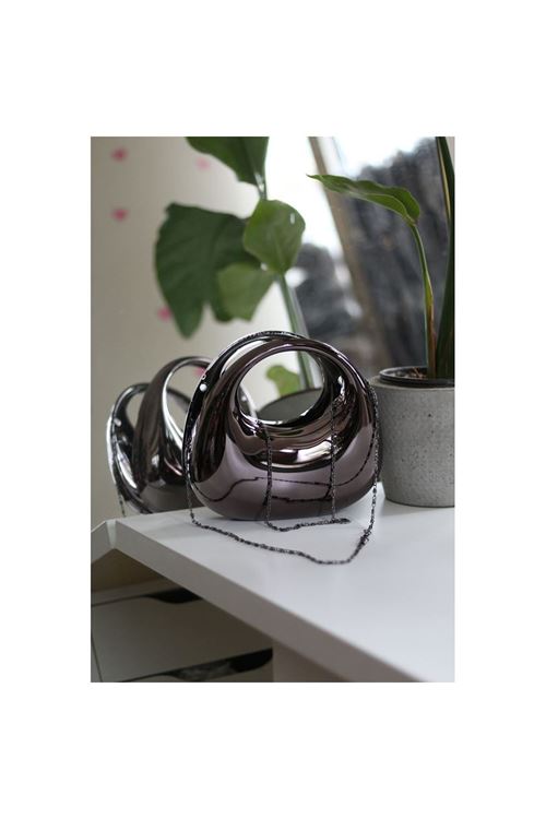 Kadın Platin Metalik Oval Tutmalı Mika Kalıp Abiye El Çantası