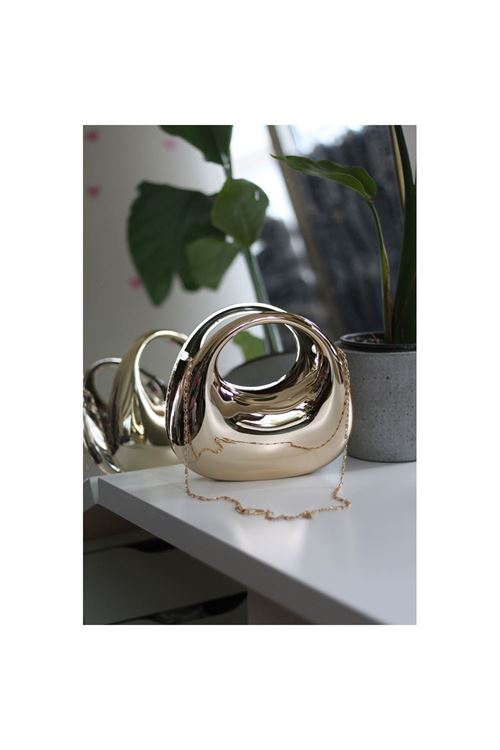 Kadın Gold Metalik Oval Tutmalı Mika Kalıp Abiye El Çantası