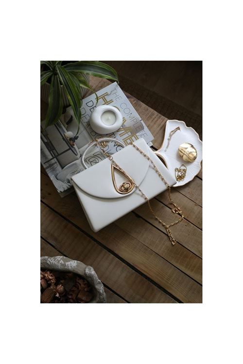 Beyaz Taş Tutma Saplı Damla Tokalı Abiye El Çantası