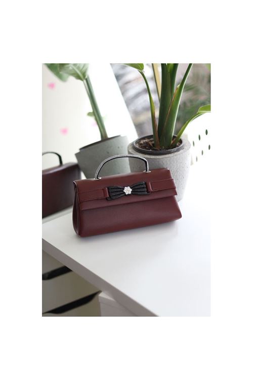 Bordo Çiçek Aksesuarlı Tutma Saplı Abiye El Çantası