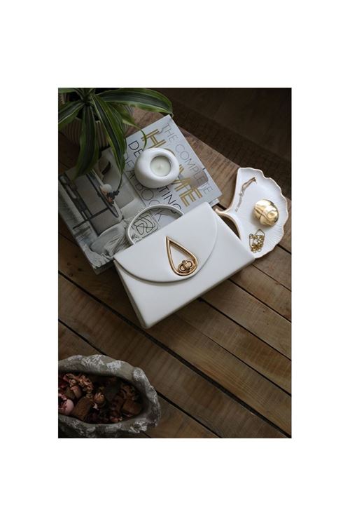 Beyaz Taş Tutma Saplı Damla Tokalı Abiye El Çantası