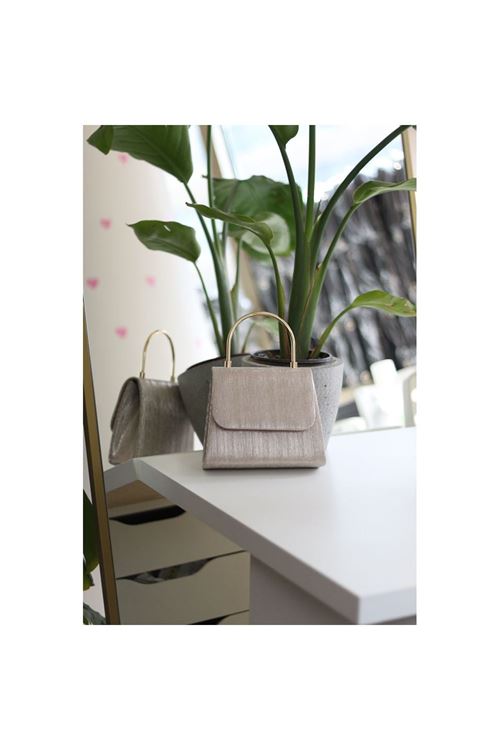 Kadın Gold Çizgi Dokulu Metal Saplı Abiye El Omuz Çantası