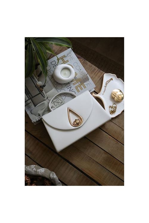 Beyaz Taş Tutma Saplı Damla Tokalı Abiye El Çantası