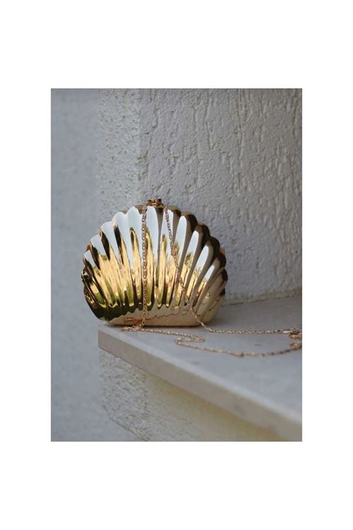 Kadın Gold Metal Istiridye Formlu Zincir Detaylı Abiye Çanta