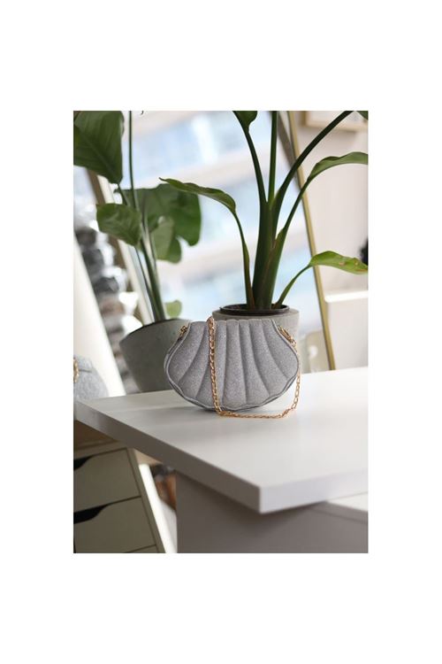 Kadın Silver Simli İstiridye Kalıp Zincirli El Omuz Çantası