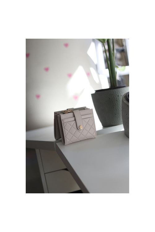 Kadın Krem Kare Baklava Desenli Mini Kartlık Cüzdan