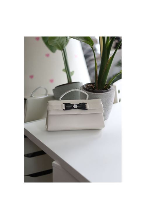 Krem Çiçek Aksesuarlı Tutma Saplı Abiye El Çantası