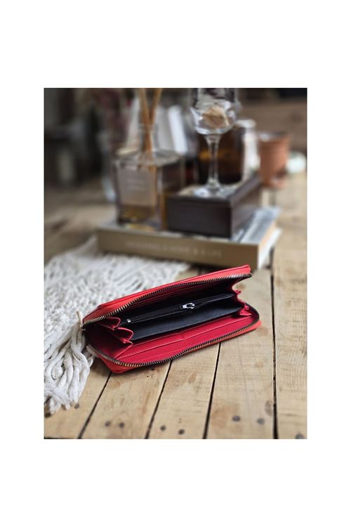 Kırmızı Dokulu Slim Kartlık Detaylı Cüzdan