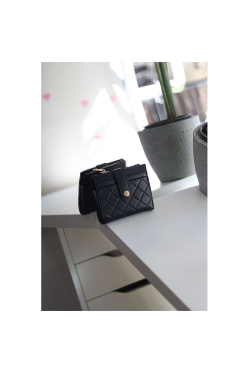 Kadın Siyah Kare Baklava Desenli Mini Kartlk Cüzdan