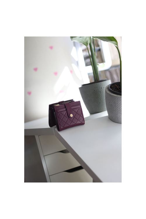 Kadın Mor Kare Baklava Desenli Mini Kartlık Cüzdan