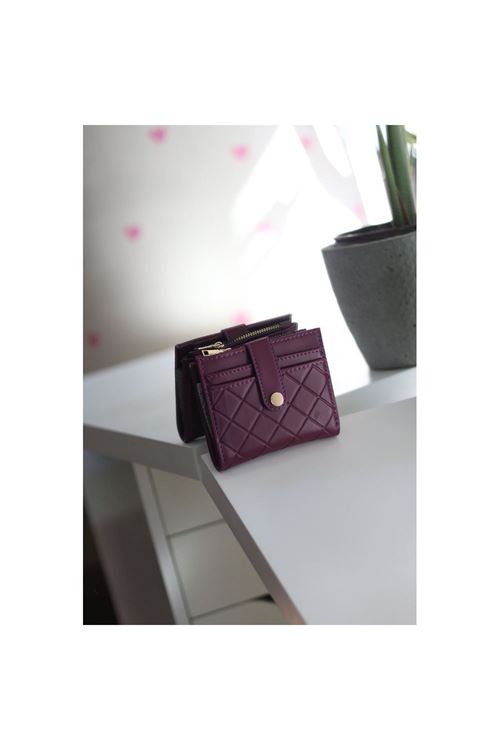 Kadın Mor Kare Baklava Desenli Mini Kartlık Cüzdan