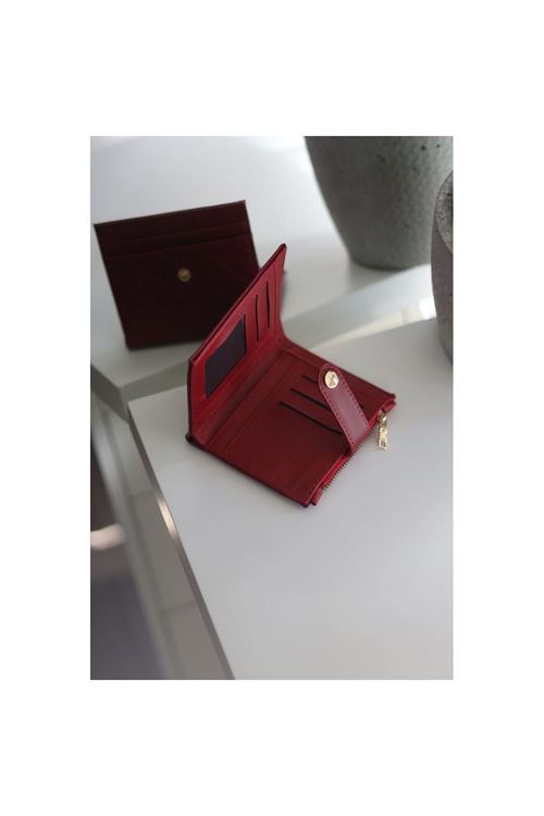 Kadın Koyu Kırmızı Kare Baklava Desenli Mini Kartlık Cüzdan