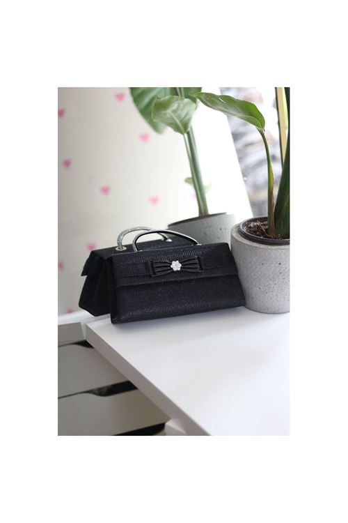 Siyah Simli Çiçek Aksesuarlı Tutma Saplı Abiye El Çantası