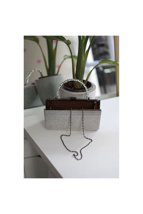 Platin Simli Taş Kulplu Burslu Abiye El Çantası